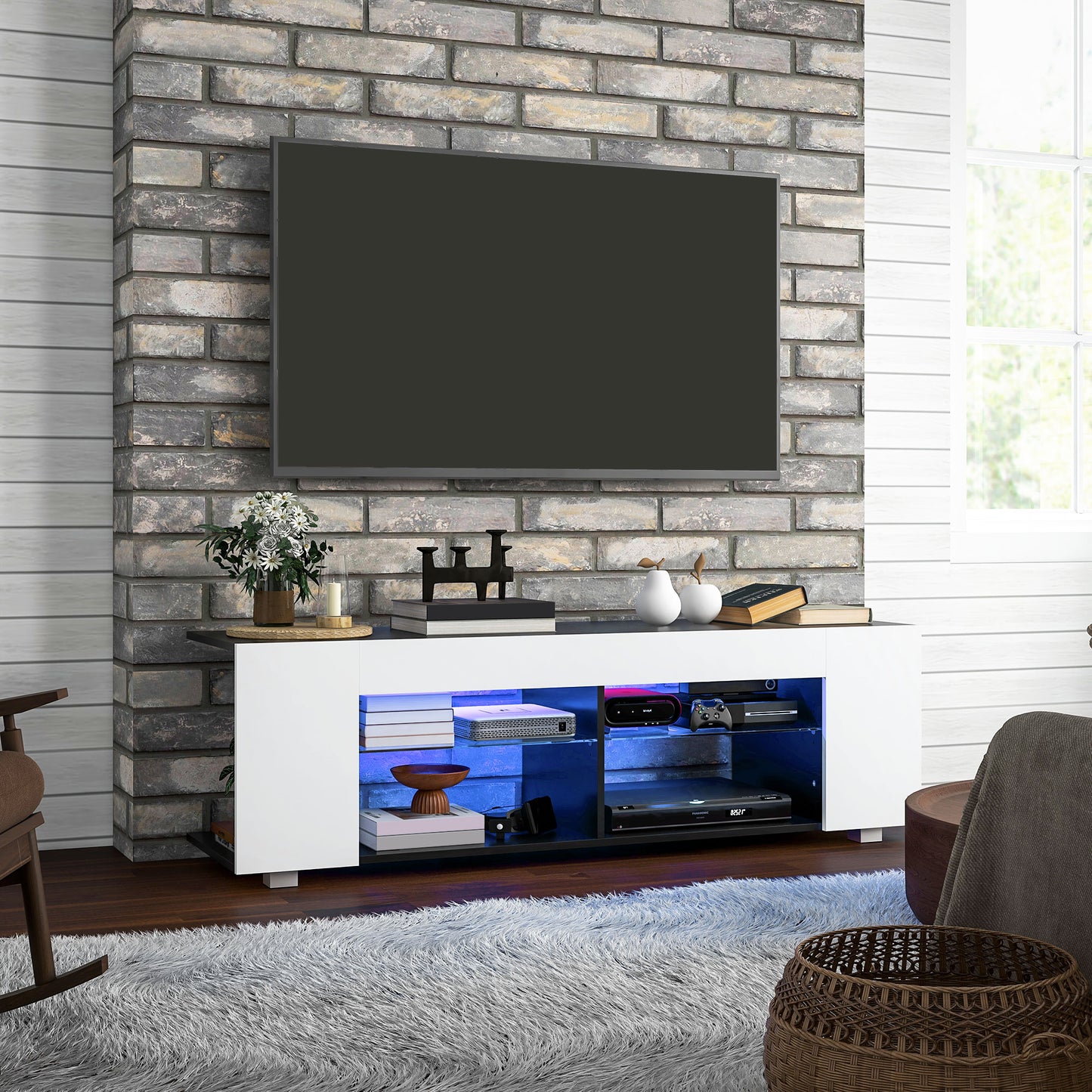 TV Stand 145cm TV Unit with Glass Shelves RGB LED Light for 60"TV White