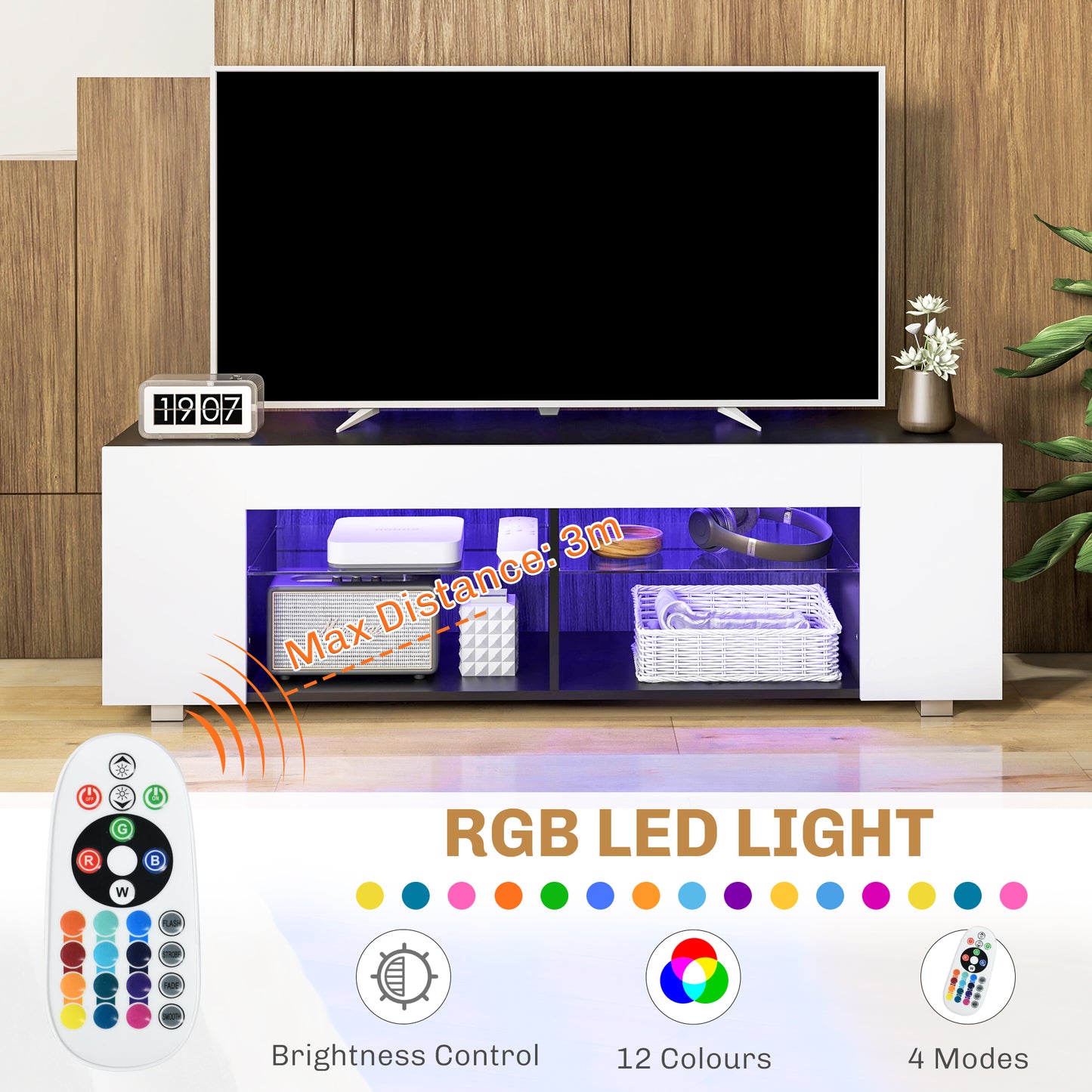 TV Stand 145cm TV Unit with Glass Shelves RGB LED Light for 60"TV White