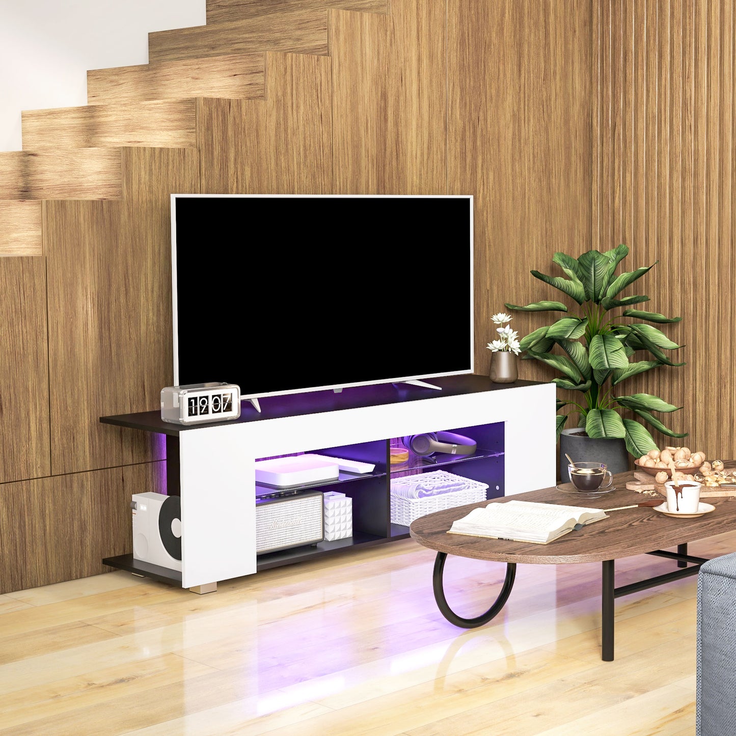 TV Stand 145cm TV Unit with Glass Shelves RGB LED Light for 60"TV White