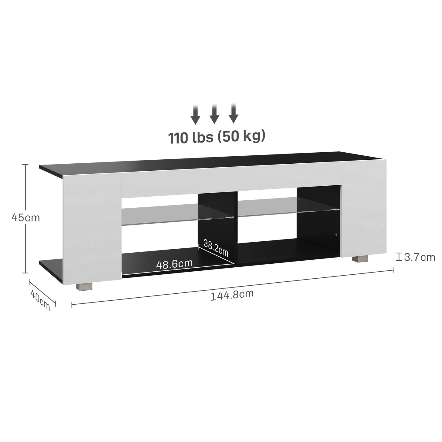 TV Stand 145cm TV Unit with Glass Shelves RGB LED Light for 60"TV White