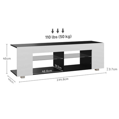 TV Stand 145cm TV Unit with Glass Shelves RGB LED Light for 60"TV White