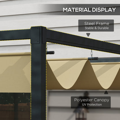4 x 3(m) Metal Pergola with Retractable Roof, Garden Gazebo Canopy Shelter for Outdoor, Patio, Khaki