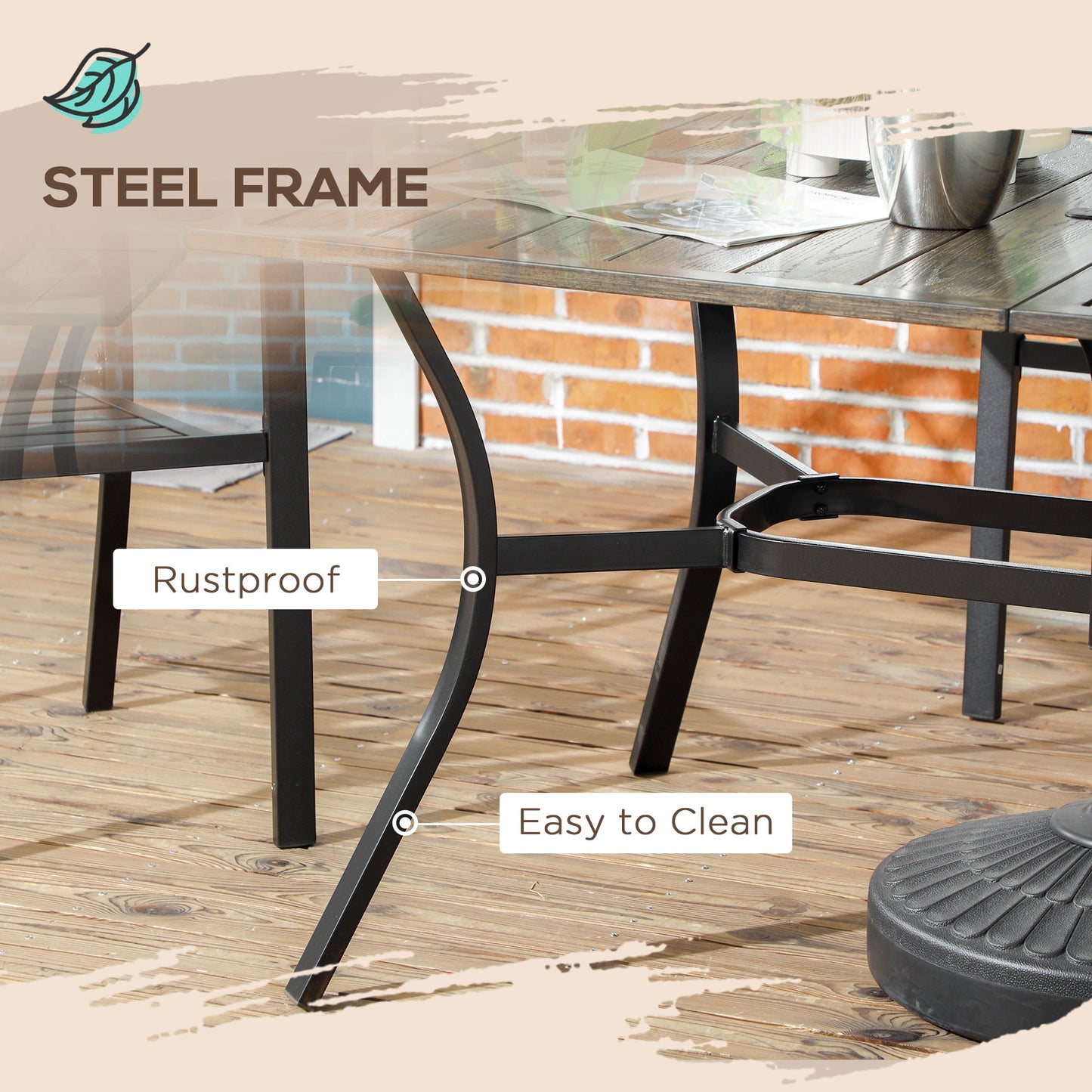Garden Table with Parasol Hole for Patio, Deck, Brown, 150 x 96 x 73cm