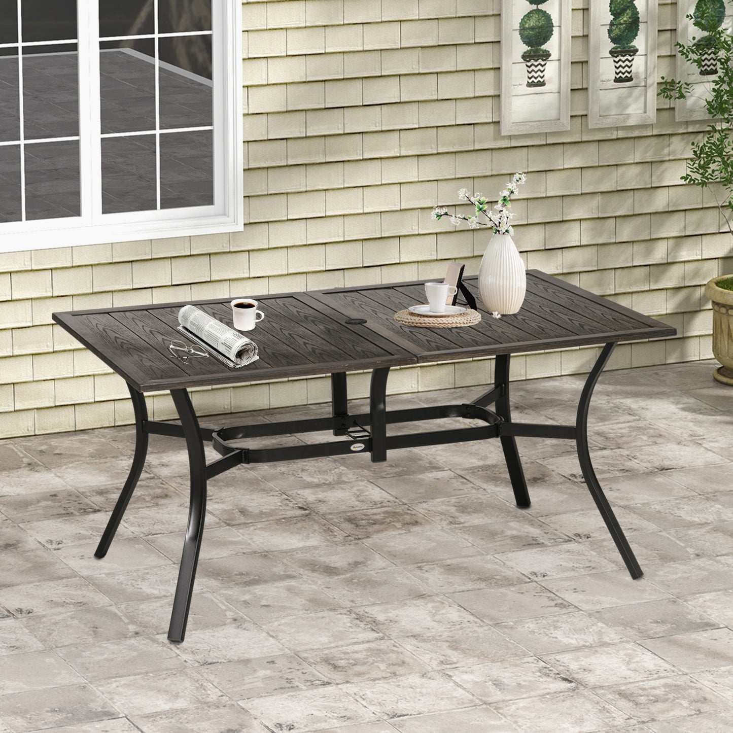 Garden Table with Parasol Hole for Patio, Deck, Brown, 150 x 96 x 73cm
