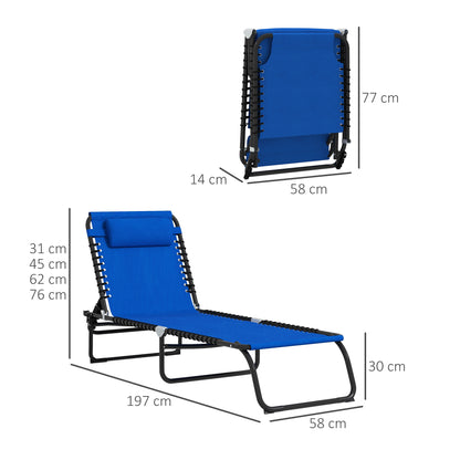 2 Pcs Folding Sun Lounger Beach Chaise Chair Garden Cot Camping Reclining with 4 Position Adjustable Blue