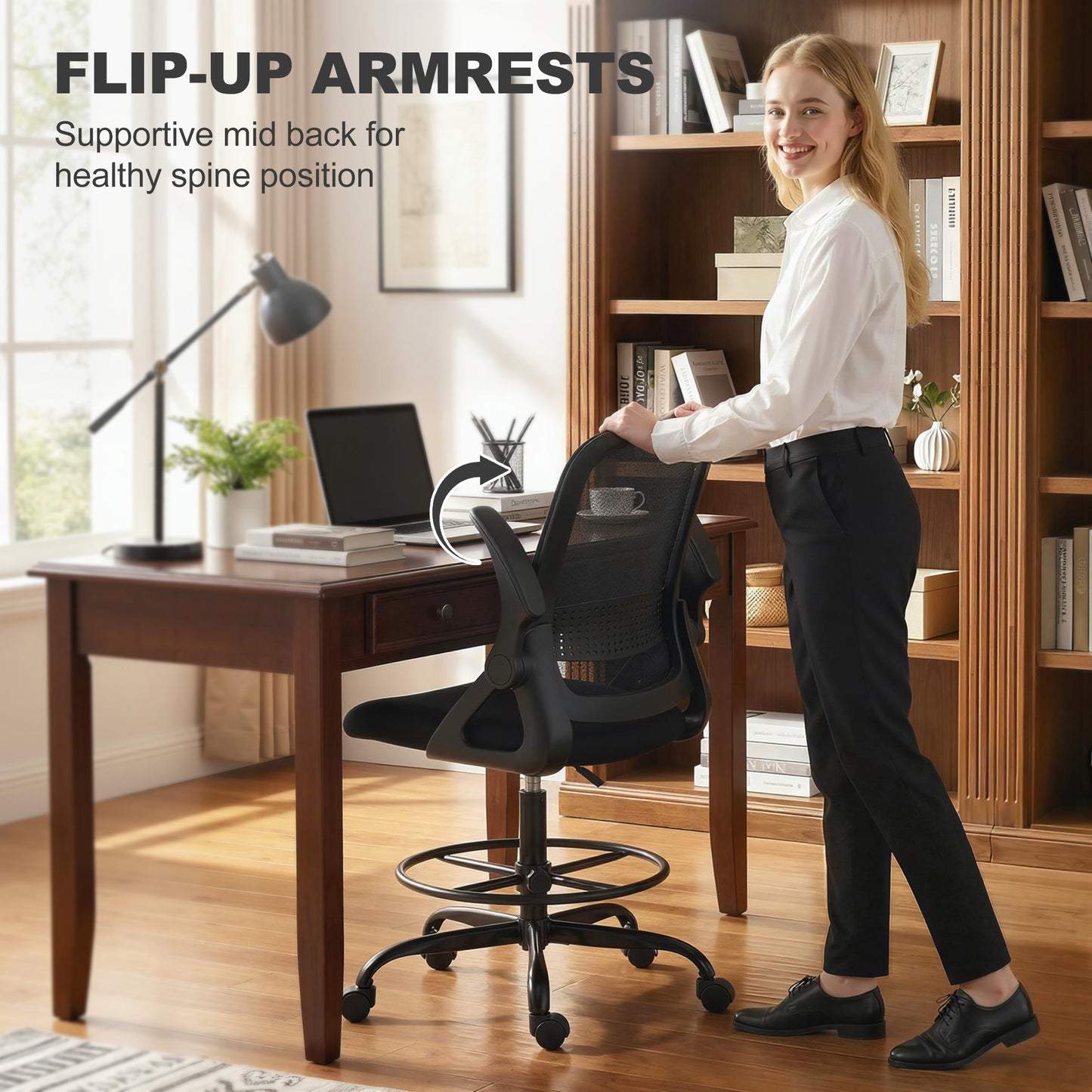 Mesh Painting Chair, Rolling Desk Chair with Flip-up Armrests, Black