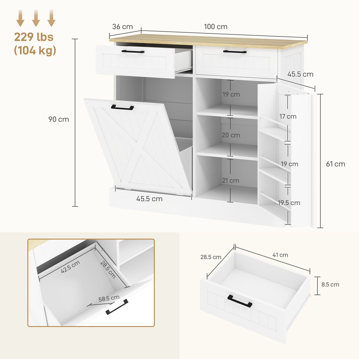 Sideboard with Trash Bin, Farmhouse Kitchen Sideboard with 2 Drawers