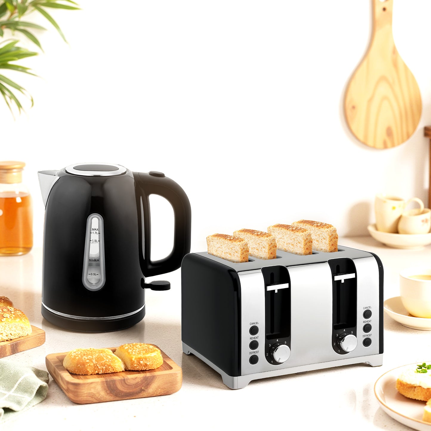 4 Slice Wide Slot Toaster and 1.7L Rapid Boil Kettle Set, Black
