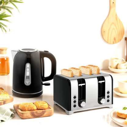 4 Slice Wide Slot Toaster and 1.7L Rapid Boil Kettle Set, Black