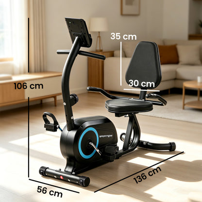 Recumbent Exercise Bike for Home, Indoor Stationary Bike for Seniors with Bluetooth, App Connectivity, 8-Level Magnetic Resistance, LCD Display, Pulse Sensors, Adjustable Seat and Wheels