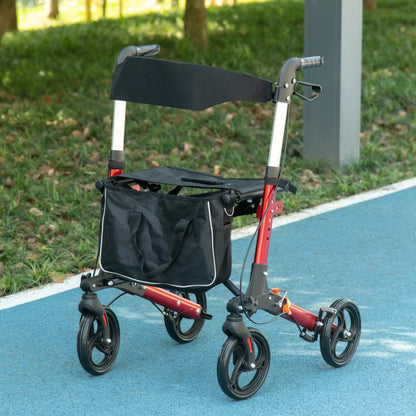 Folding Rollator Walker Frame with Seat and Backrest, Lightweight Frame with Storage bag & dual brakes - Red