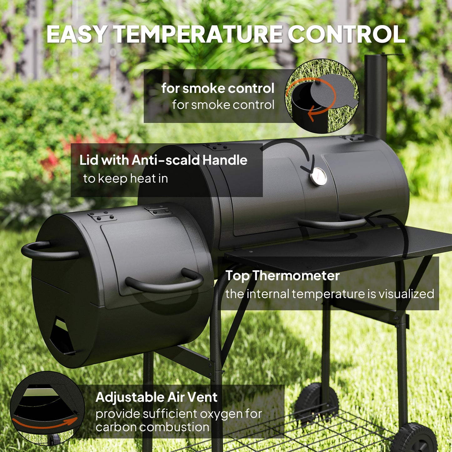 Portable Outdoor Charcoal Grill BBQ Grill with Offset Smoker Black