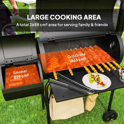 Portable Outdoor Charcoal Grill BBQ Grill with Offset Smoker Black