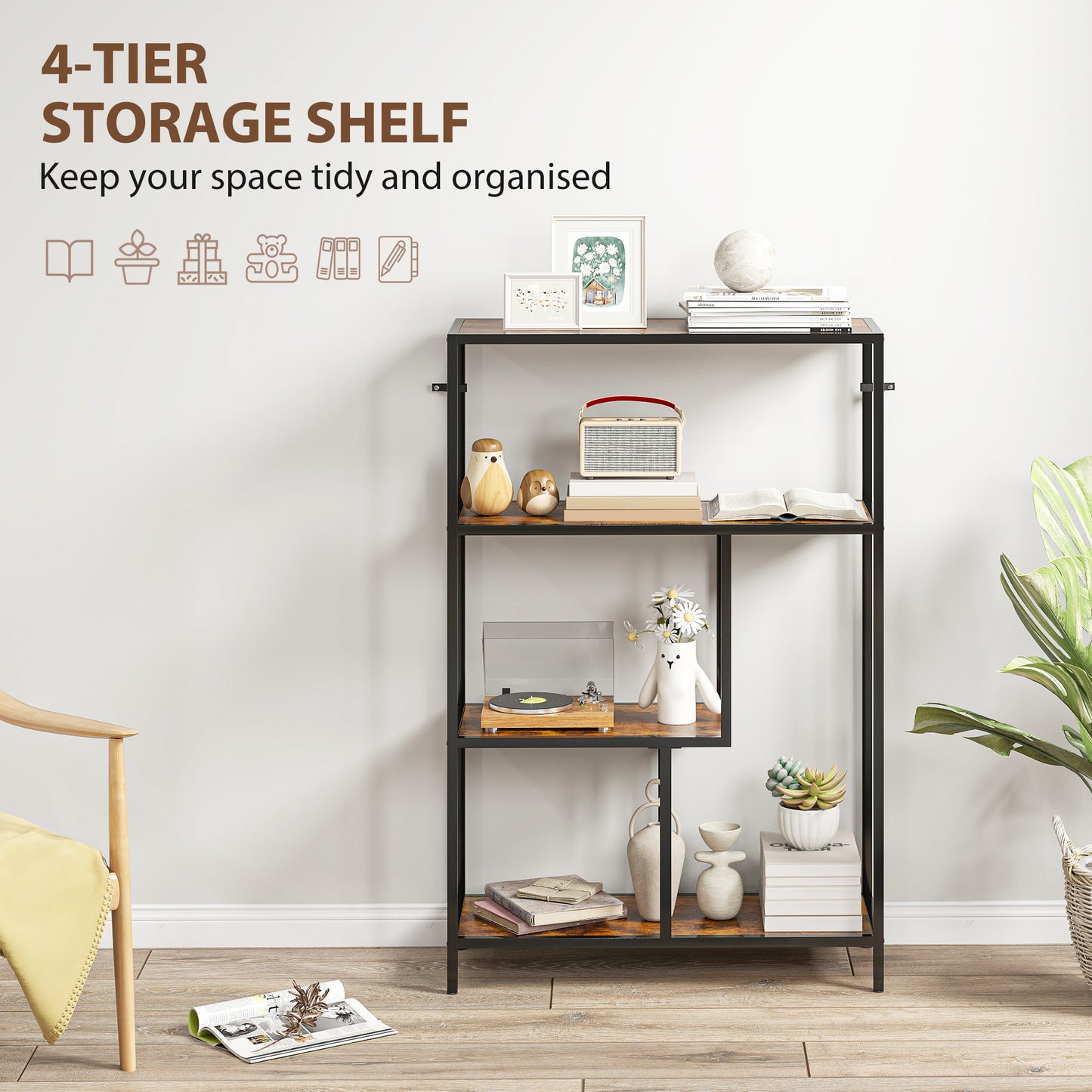 Industrial Bookshelf Bookcase w/ Open Shelves for Study Rustic Brown