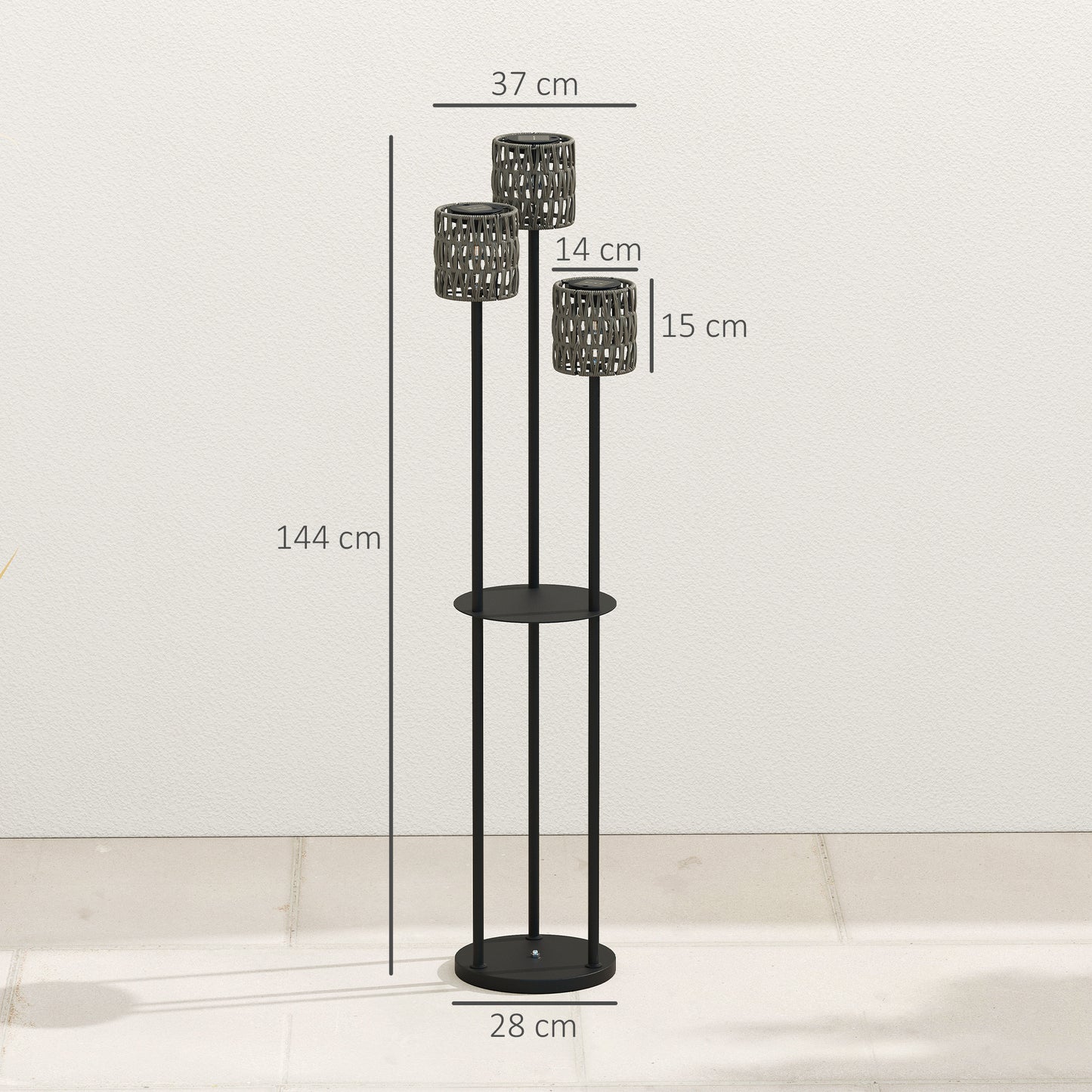 3-Light Solar Rattan Floor Lamp with Shelf, Auto On/Off, Grey