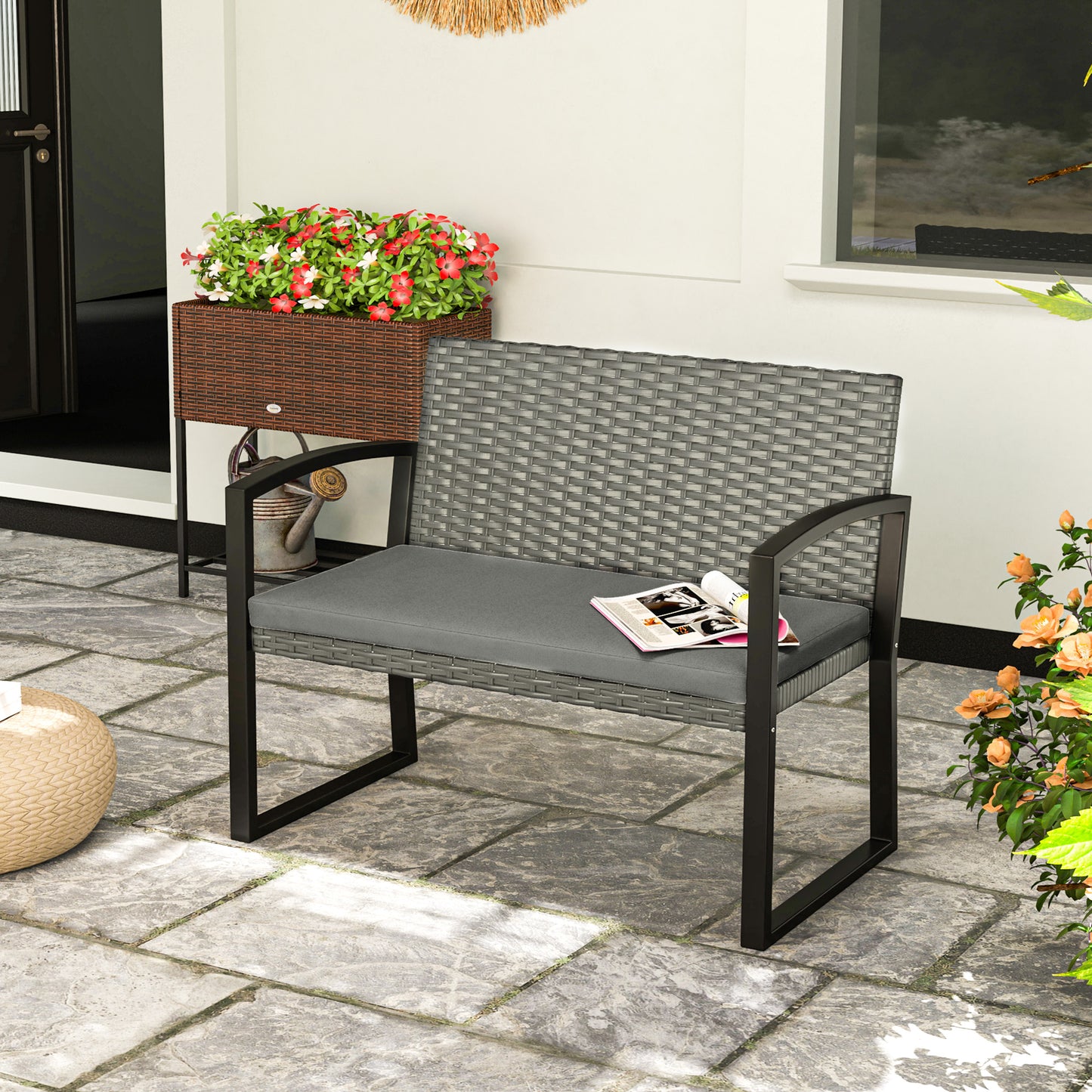 2 Seater Rattan Garden Bench with Cushion, Steel Frame, Dark Grey