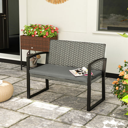 2 Seater Rattan Garden Bench with Cushion, Steel Frame, Dark Grey