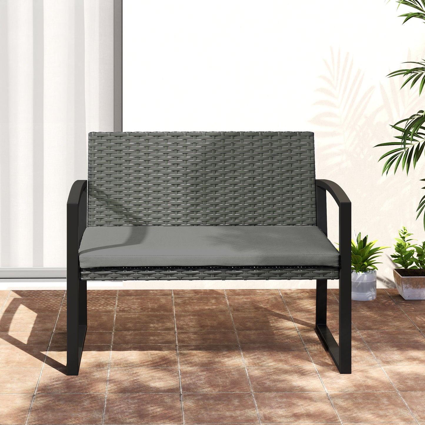 2 Seater Rattan Garden Bench with Cushion, Steel Frame, Dark Grey