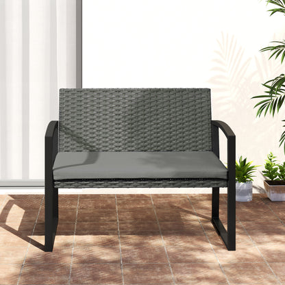 2 Seater Rattan Garden Bench with Cushion, Steel Frame, Dark Grey