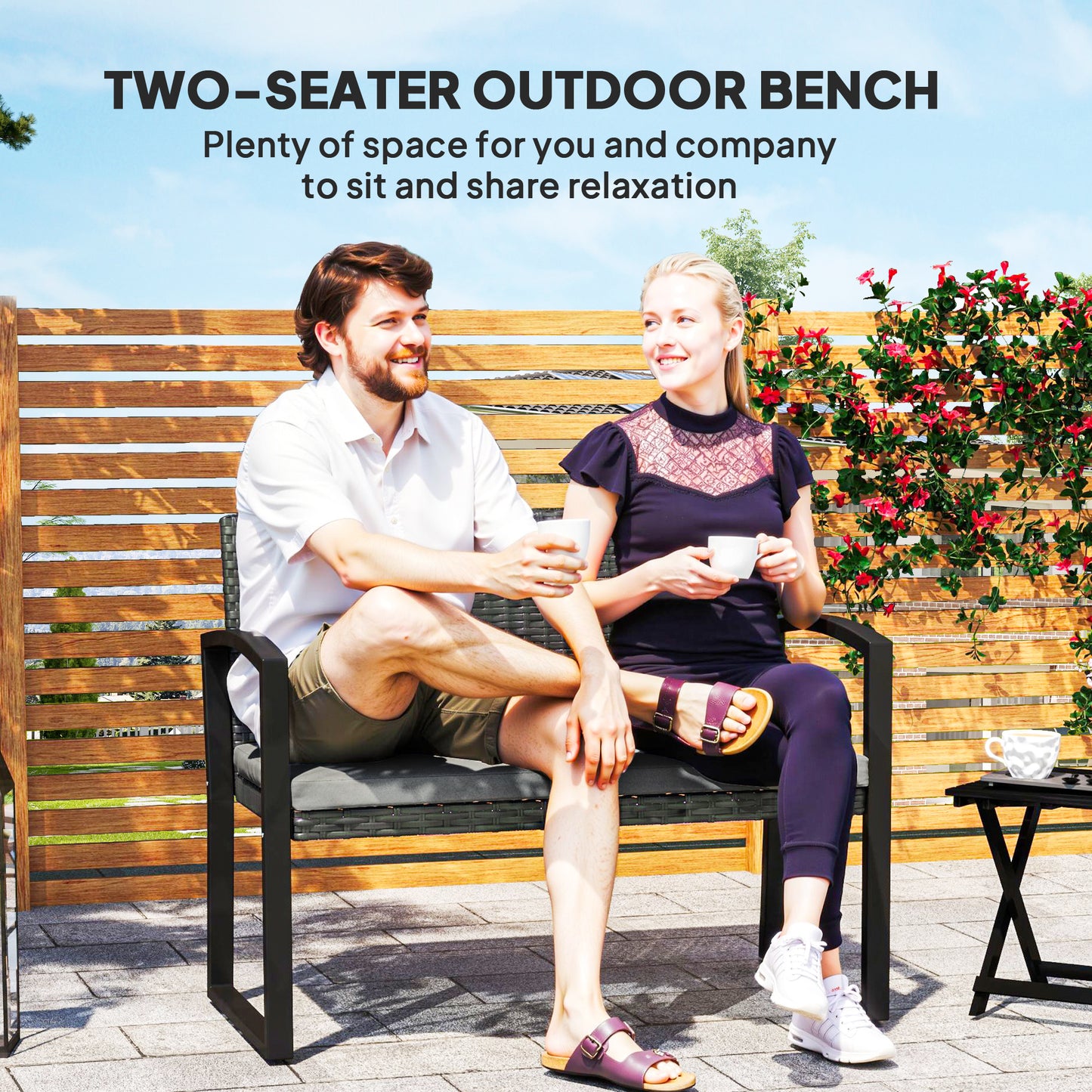 2 Seater Rattan Garden Bench with Cushion, Steel Frame, Dark Grey