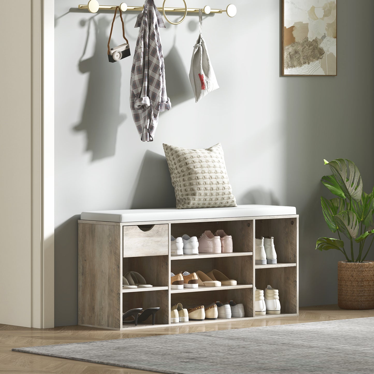 Shoe Storage Cabinet Bench w/ Cushion Adjustable Shelves Grey