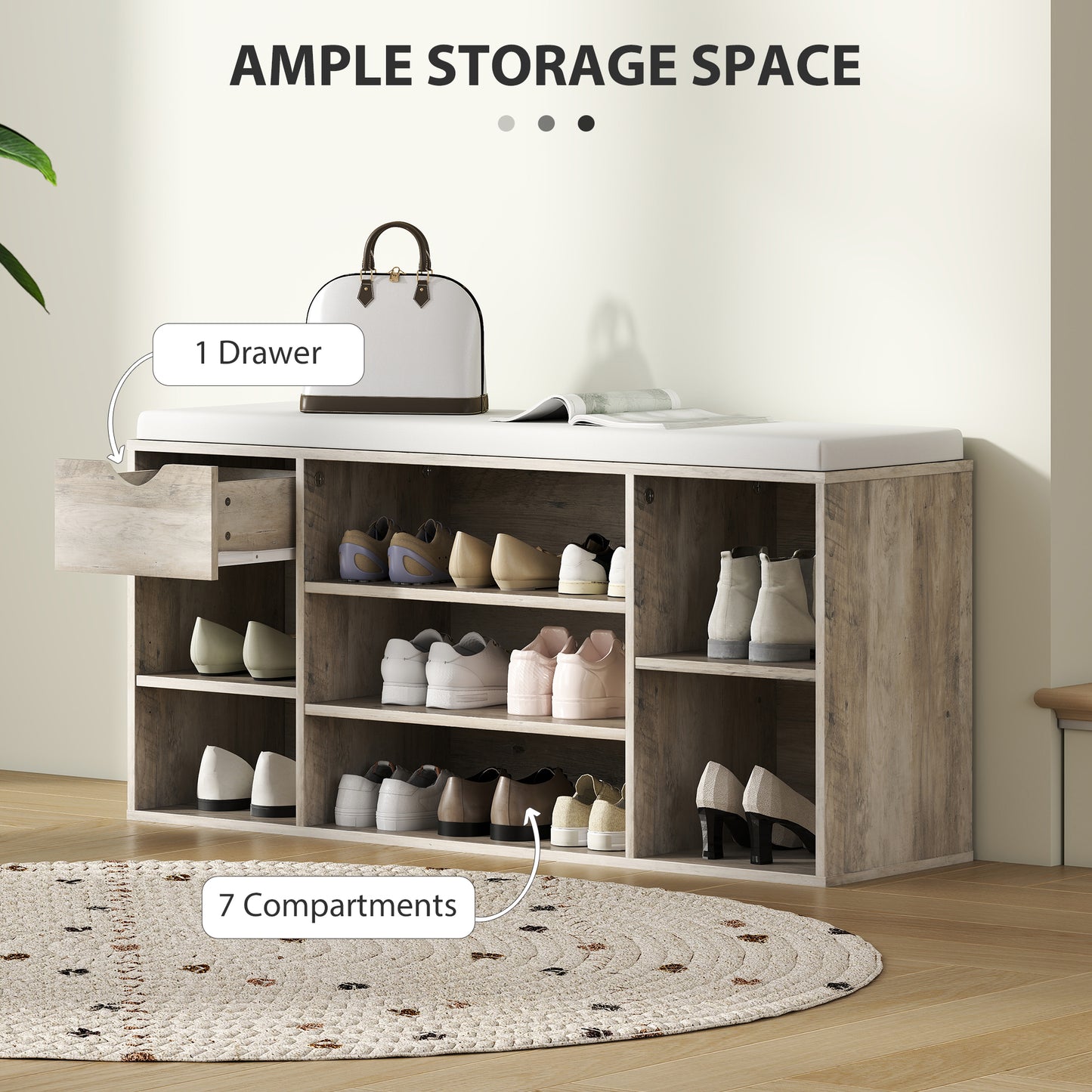 Shoe Storage Cabinet Bench w/ Cushion Adjustable Shelves Grey