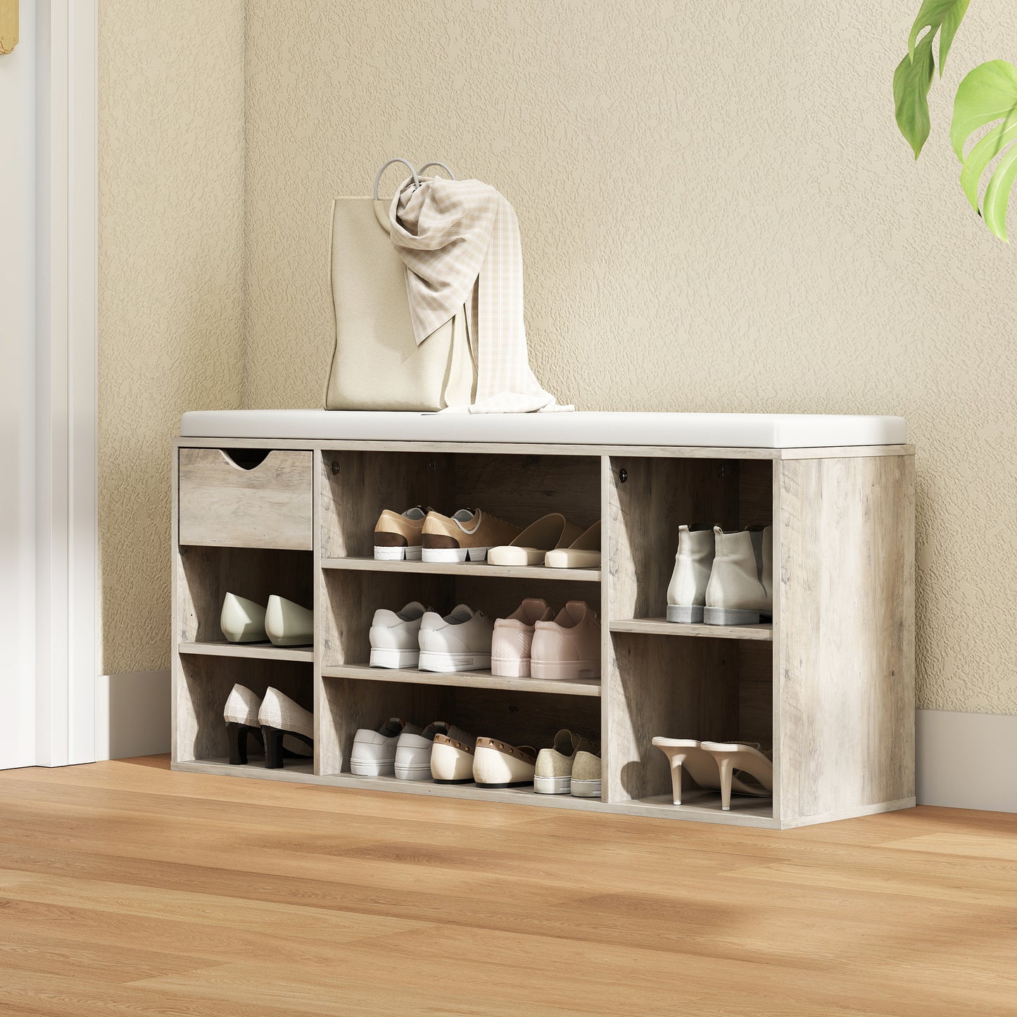 Shoe Storage Cabinet Bench w/ Cushion Adjustable Shelves Grey