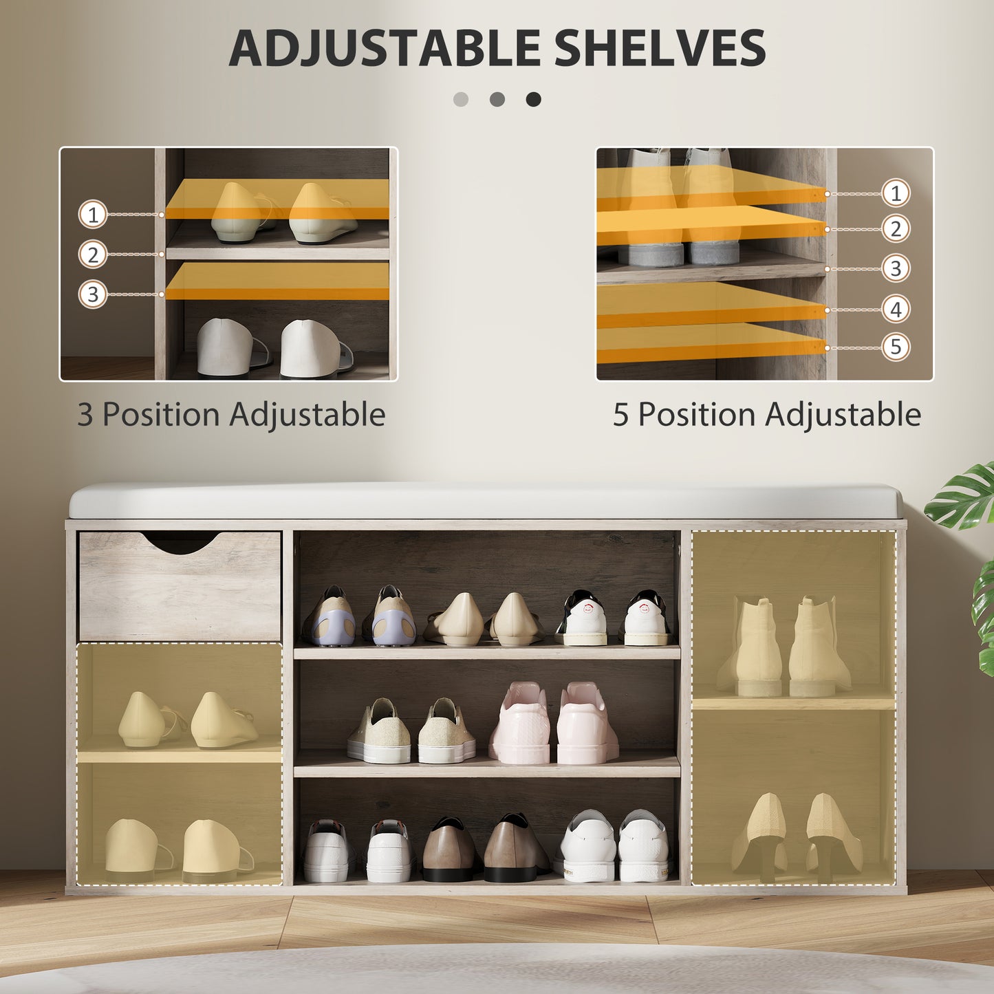 Shoe Storage Cabinet Bench w/ Cushion Adjustable Shelves Grey