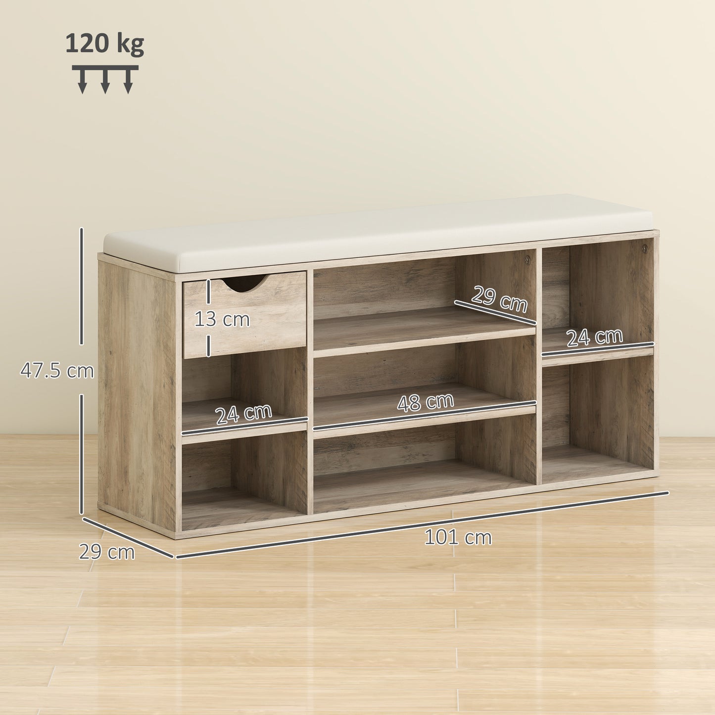 Shoe Storage Cabinet Bench w/ Cushion Adjustable Shelves Grey