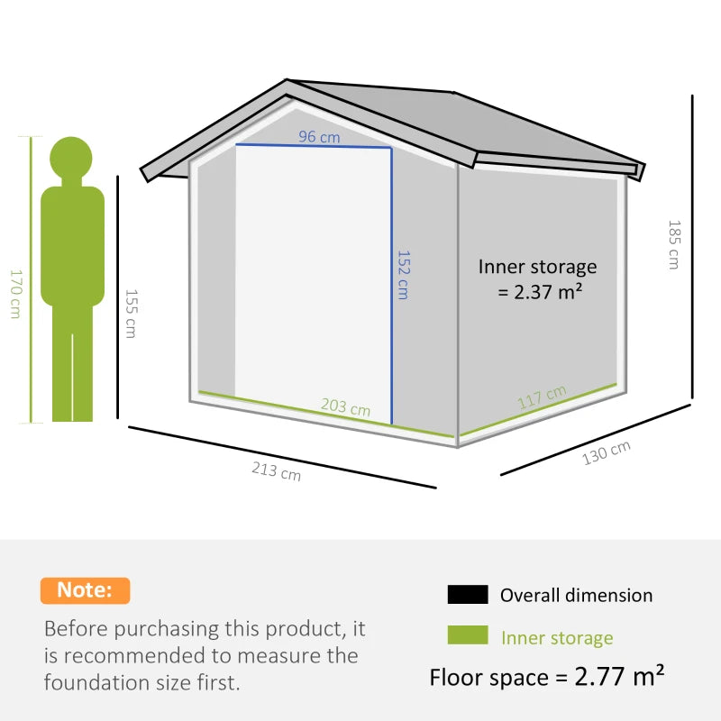 7 x 4ft Garden Metal Storage Shed with Ventilation Slots, Floor Foundation and Lockable Double Doors, Brown