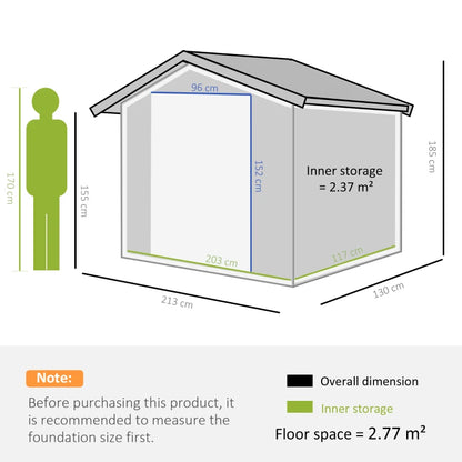 7 x 4ft Garden Metal Storage Shed with Ventilation Slots, Floor Foundation and Lockable Double Doors, Brown