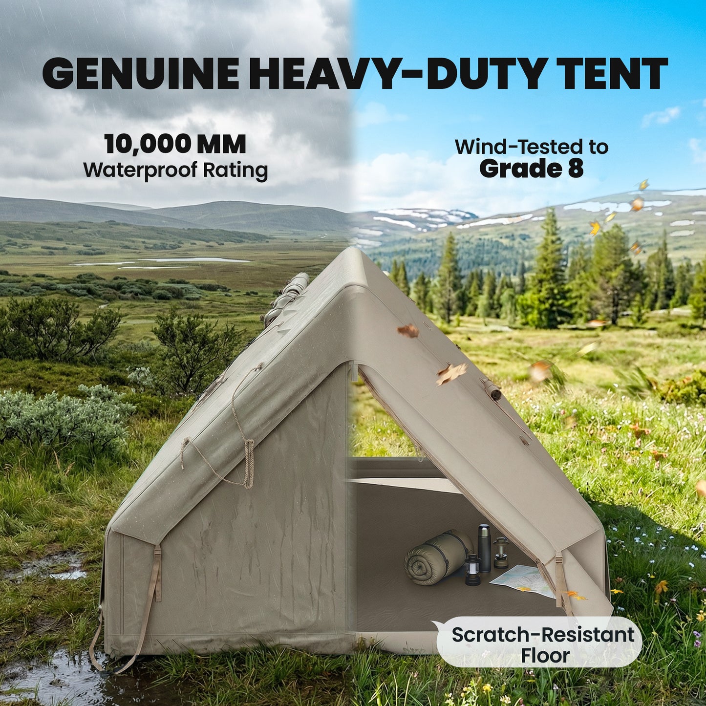 Inflatable Camping Tent, 4 Season Hot Tent 10000mm Waterproof with Chimney Opening, Sky Light and Air PumpKhaki