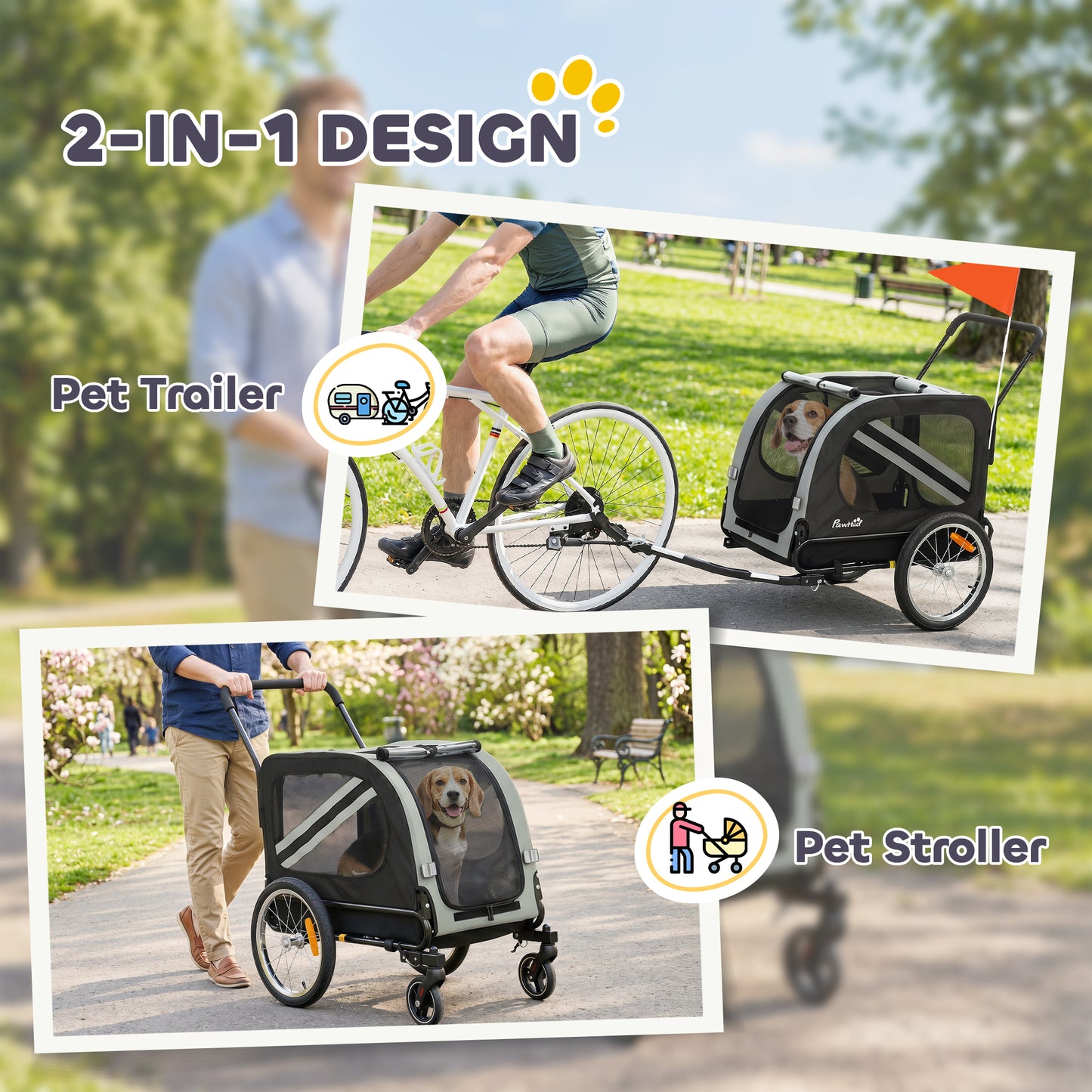 Dog Bike Trailer, 2 in 1 Foldable Pet Stroller Security Harness, Reflectors, Quick Release Wheels, Flag, for Medium Dogs, 134L x 60W x 101H cm, Grey