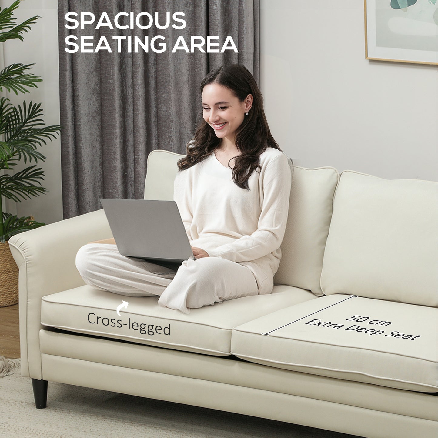 Modern 3 Seater Sofa for Living Room, Fabric Couch Settee, Cream