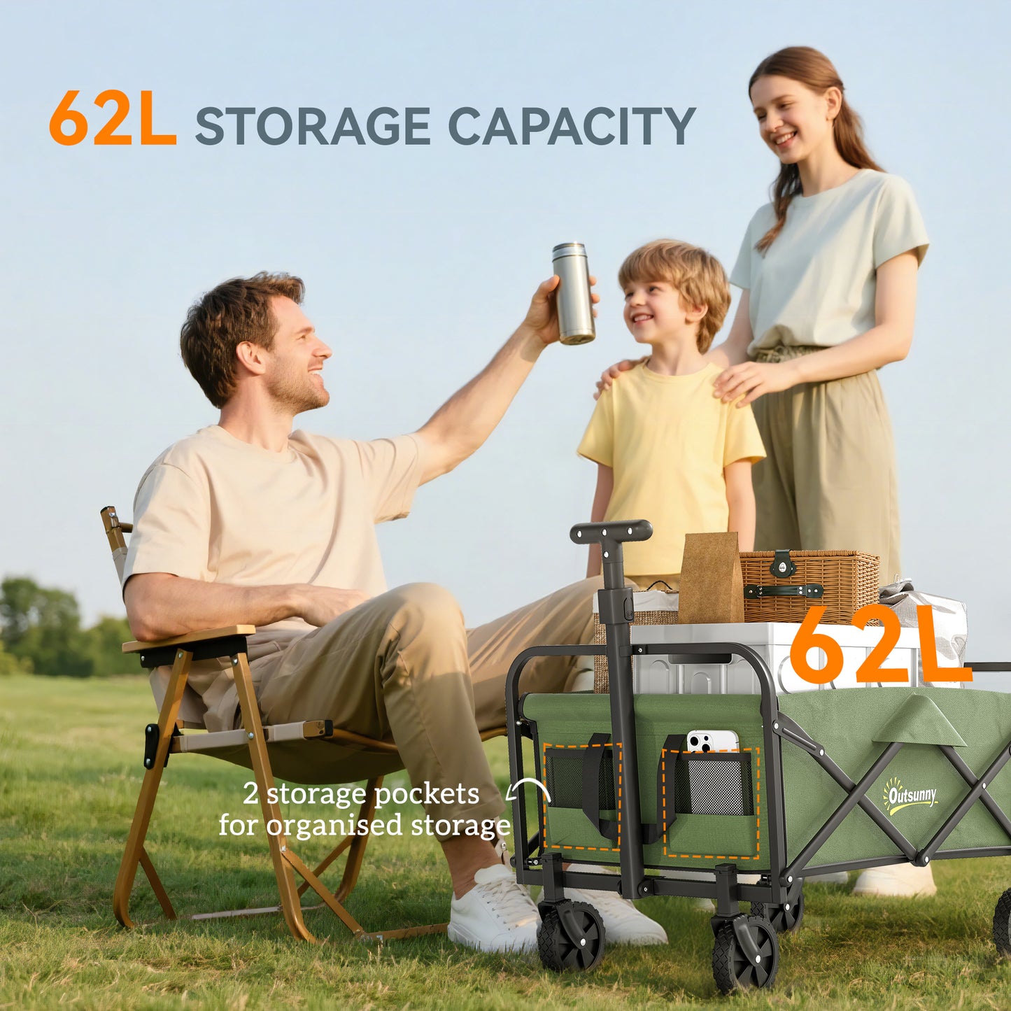 62L Festival Trolley, 120kg Heavy Duty Folding Trolley Cart, Green