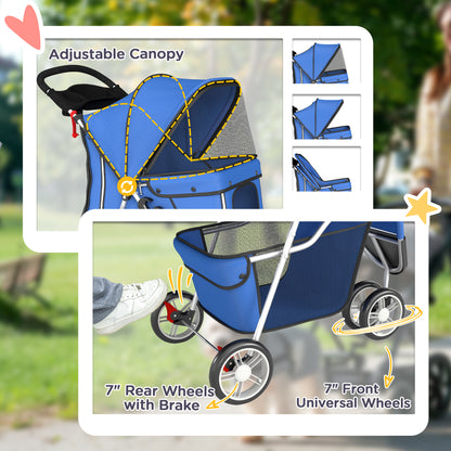 Pet Stroller Pushchair Carrier for Cat Puppy with 3 Wheels Blue