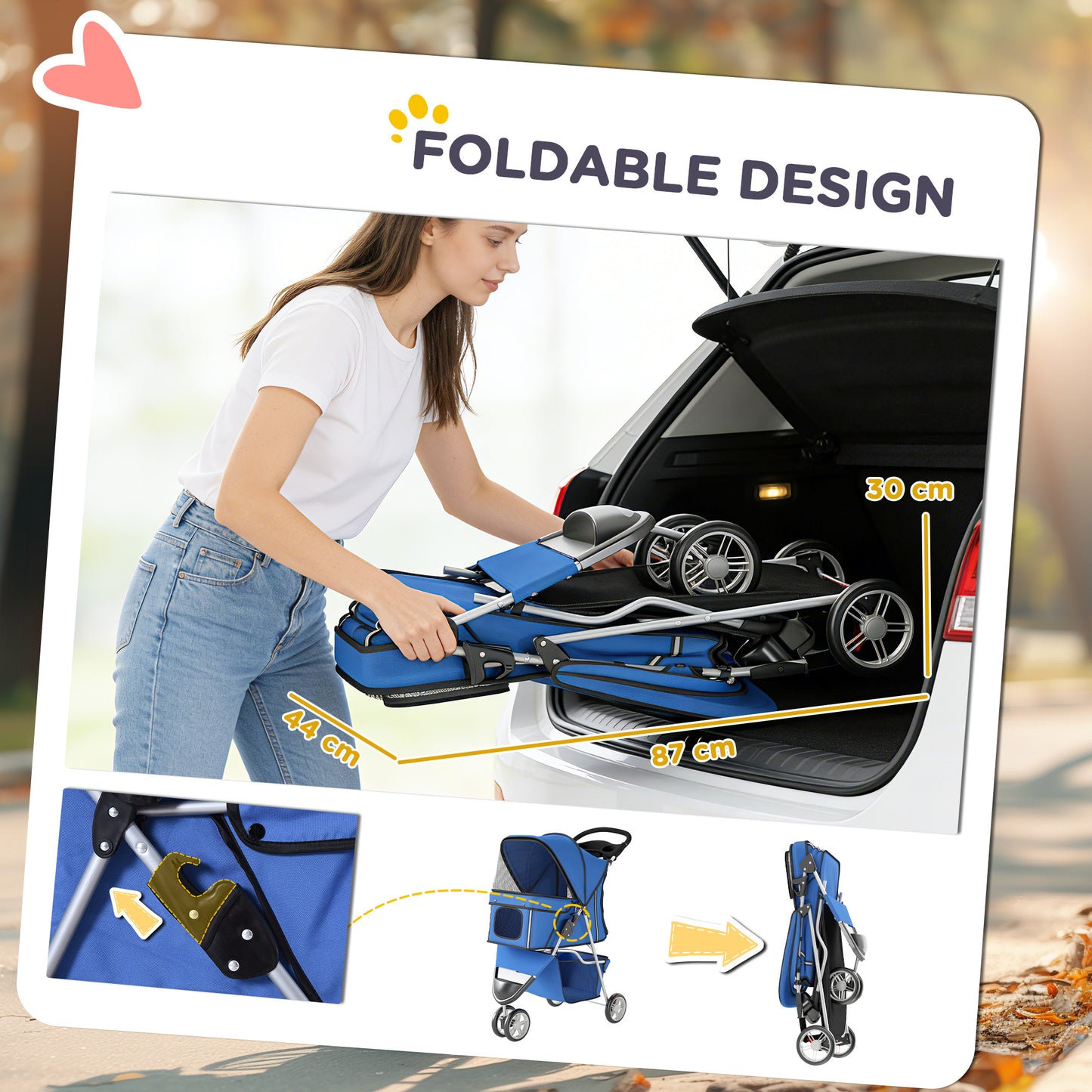 Pet Stroller Pushchair Carrier for Cat Puppy with 3 Wheels Blue