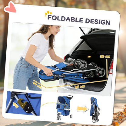 Pet Stroller Pushchair Carrier for Cat Puppy with 3 Wheels Blue