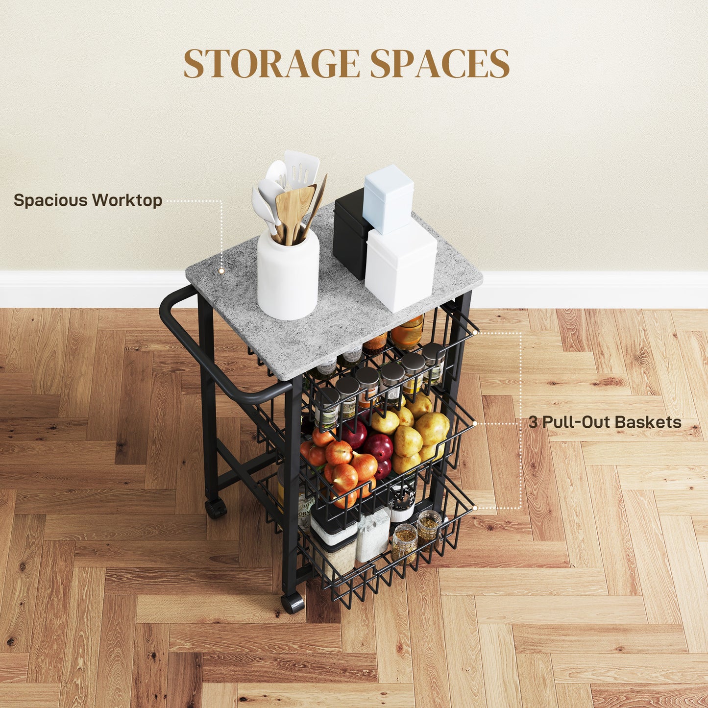 3-Tier Kitchen Island on Wheels with 3 Pull-Out Baskets, Light Grey