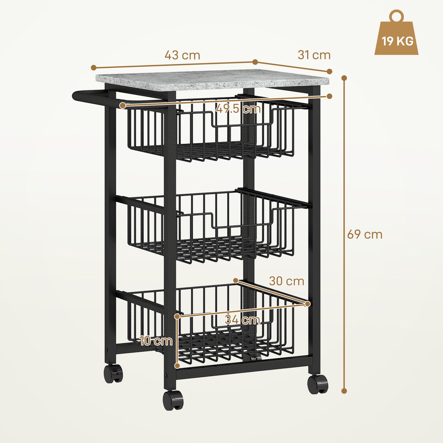 3-Tier Kitchen Island on Wheels with 3 Pull-Out Baskets, Light Grey