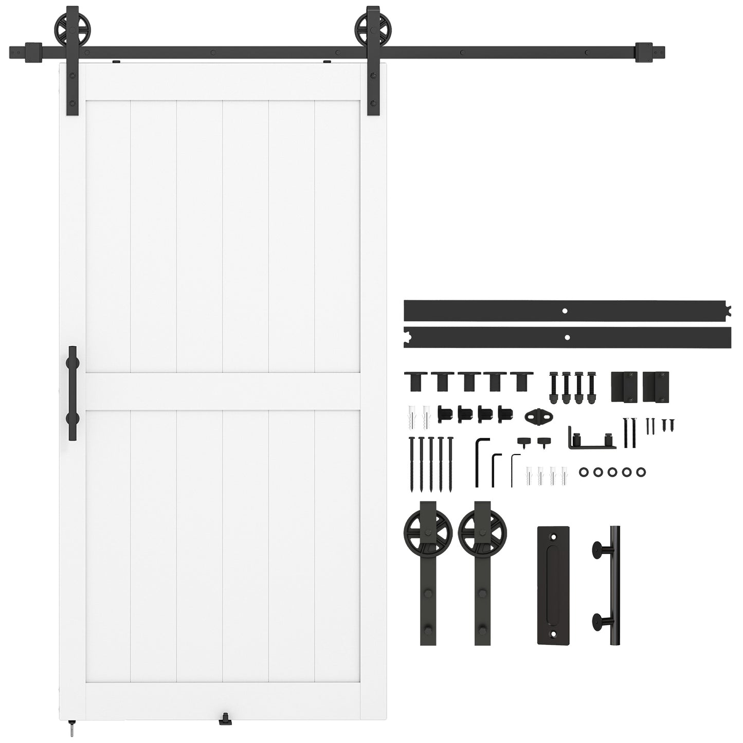 213.4cm Sliding Barn Door Kit, Sliding Door with Track, Hardware, Upgraded Rollers and Floor Guide, Industrial Handle, Water-Proof PVC Surface, White