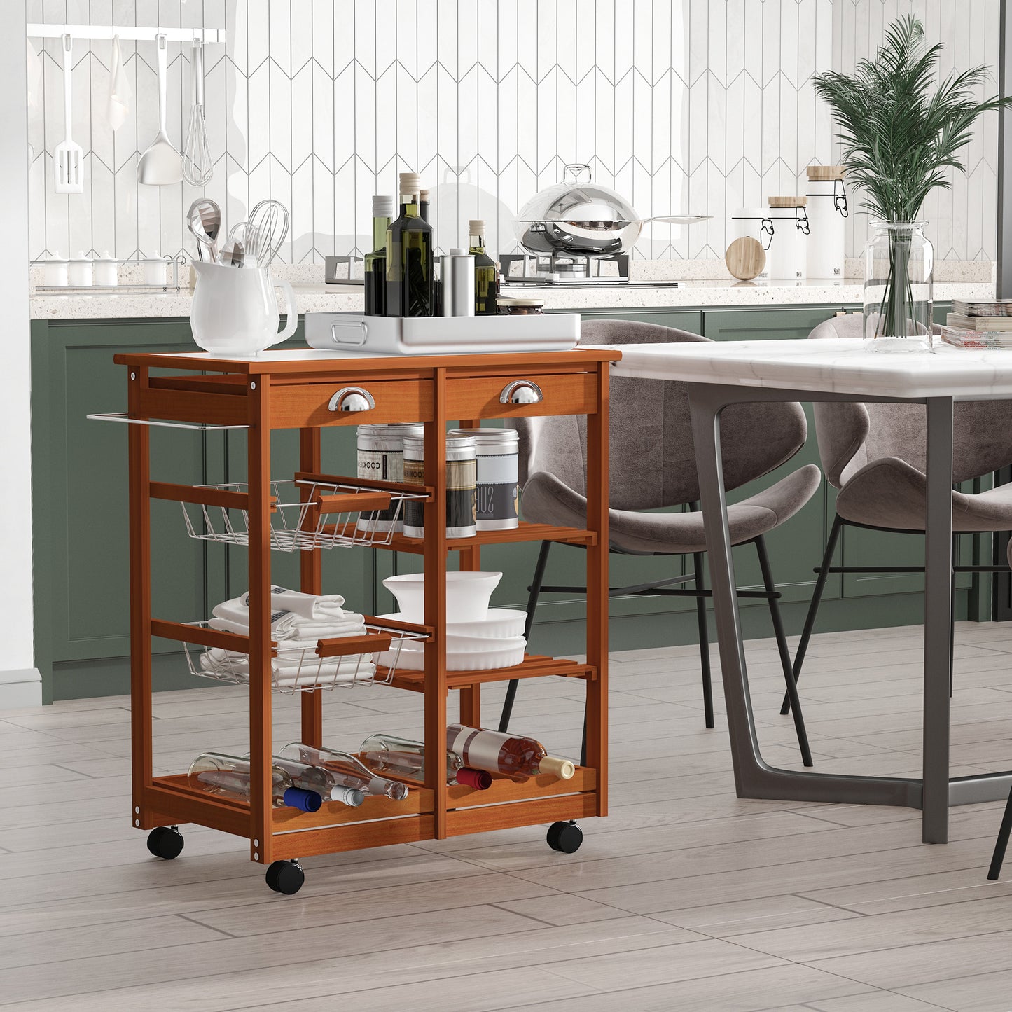 Rolling Kitchen Island Trolley Serving Cart with Basket, Honey Colour