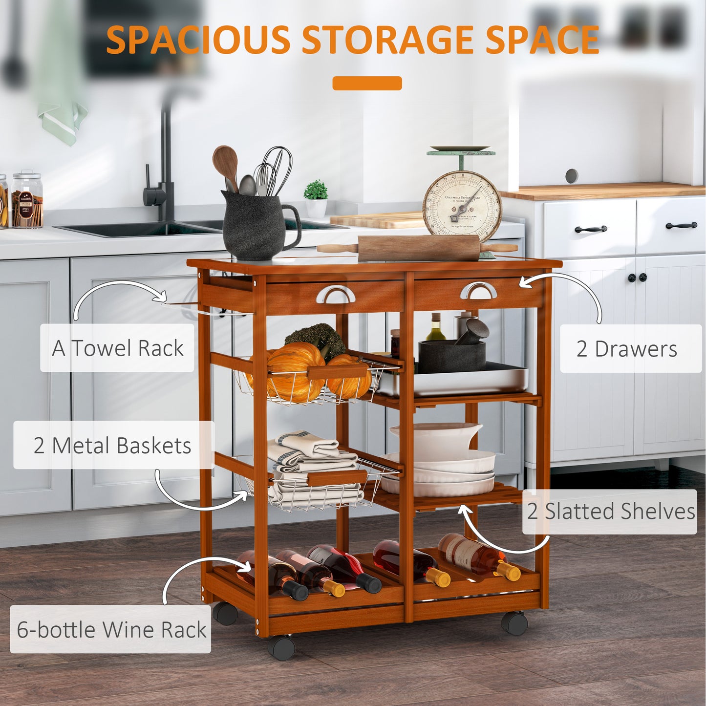 Rolling Kitchen Island Trolley Serving Cart with Basket, Honey Colour