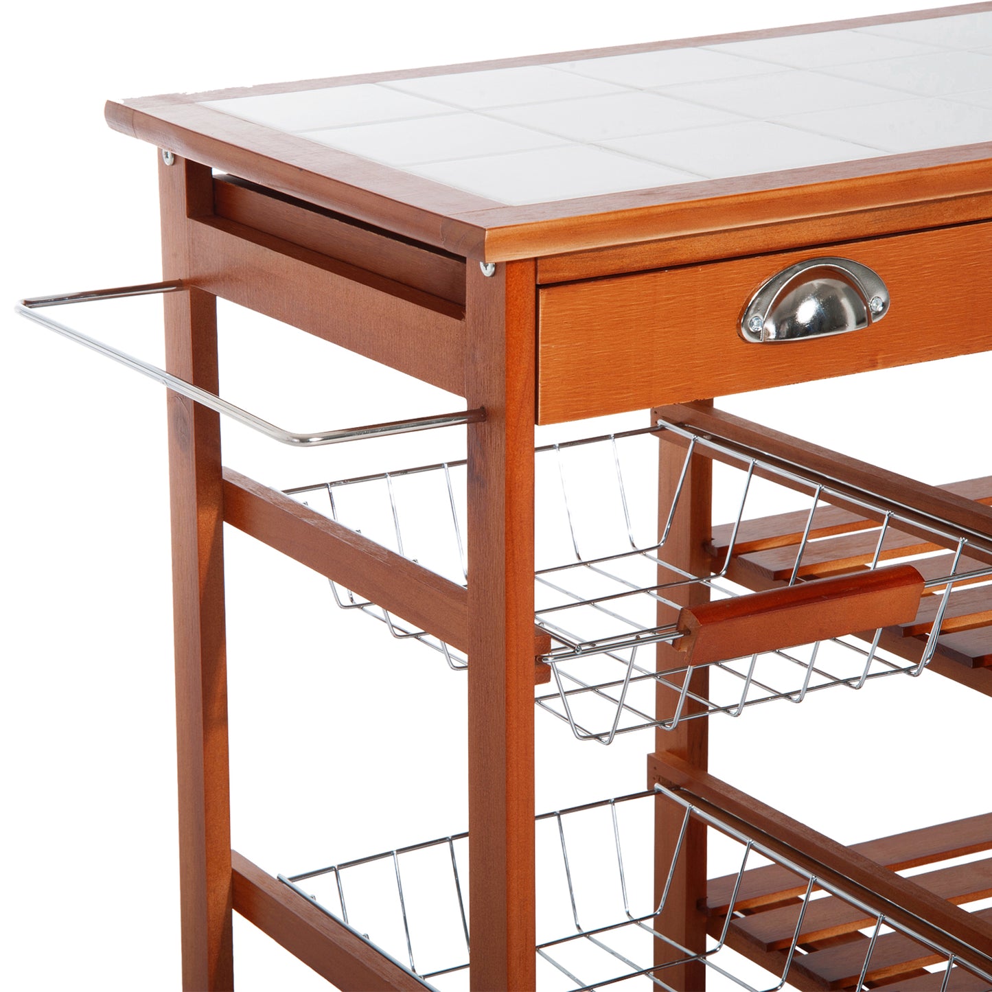 Rolling Kitchen Island Trolley Serving Cart with Basket, Honey Colour