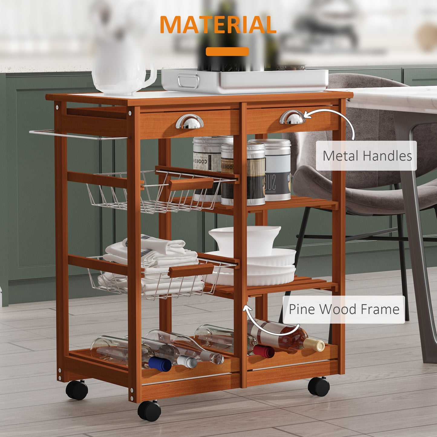 Rolling Kitchen Island Trolley Serving Cart with Basket, Honey Colour