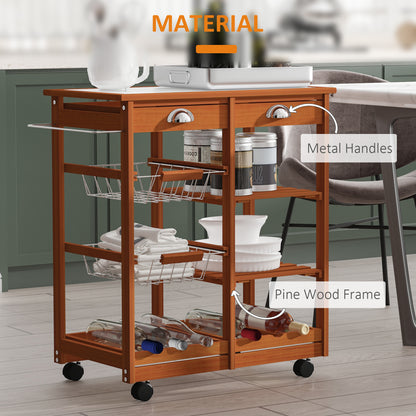 Rolling Kitchen Island Trolley Serving Cart with Basket, Honey Colour