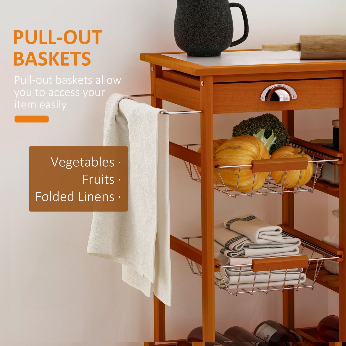 Rolling Kitchen Island Trolley Serving Cart with Basket, Honey Colour
