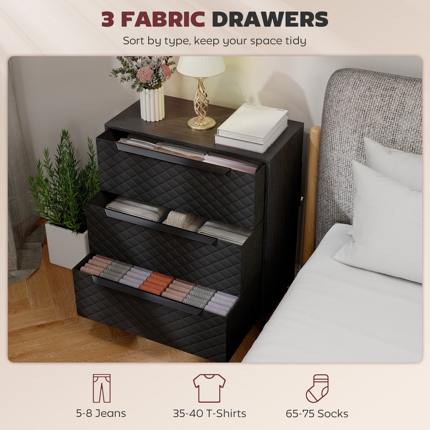 Chest of Drawers, 3 Fabric Drawer Dresser, Aluminium Handles, Black