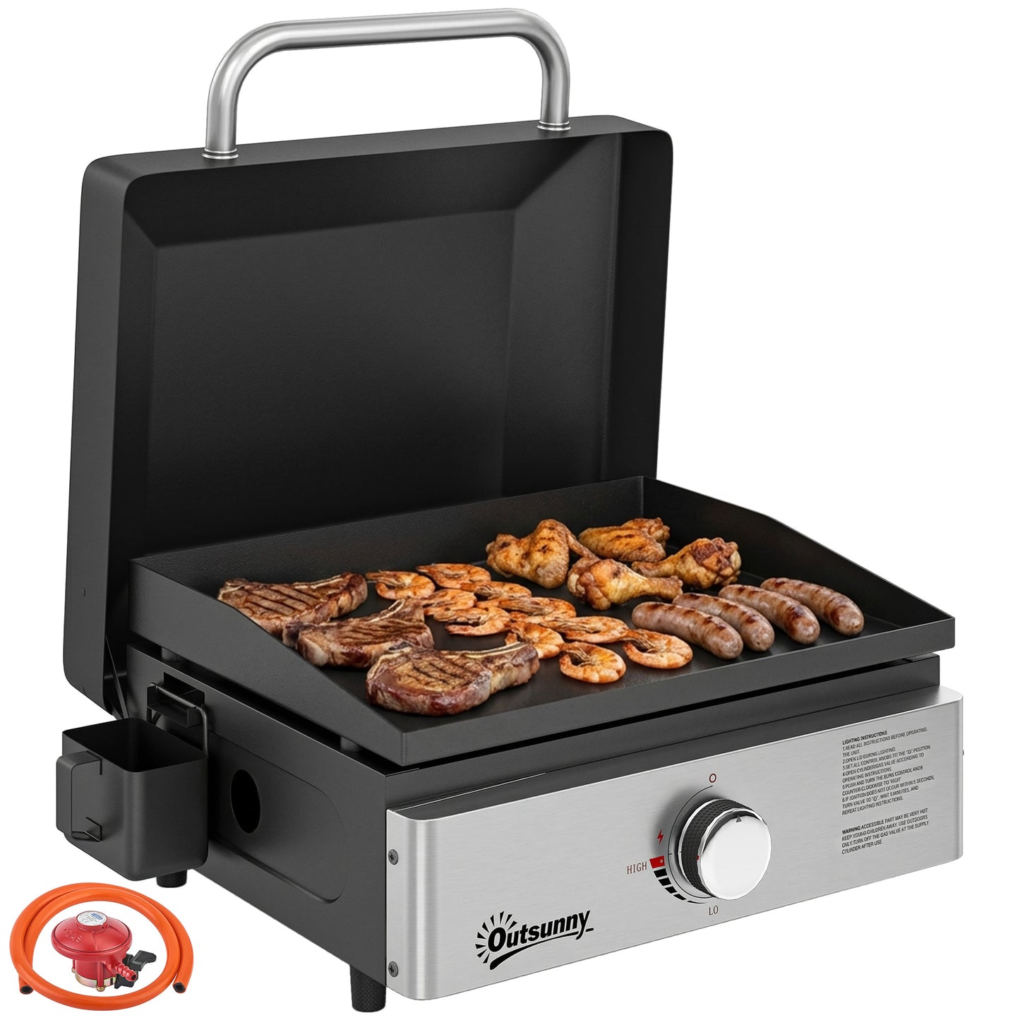 Grill Griddle, Tabletop Gas BBQ with Grease Cup, Black