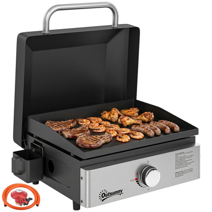 Grill Griddle, Tabletop Gas BBQ with Grease Cup, Black